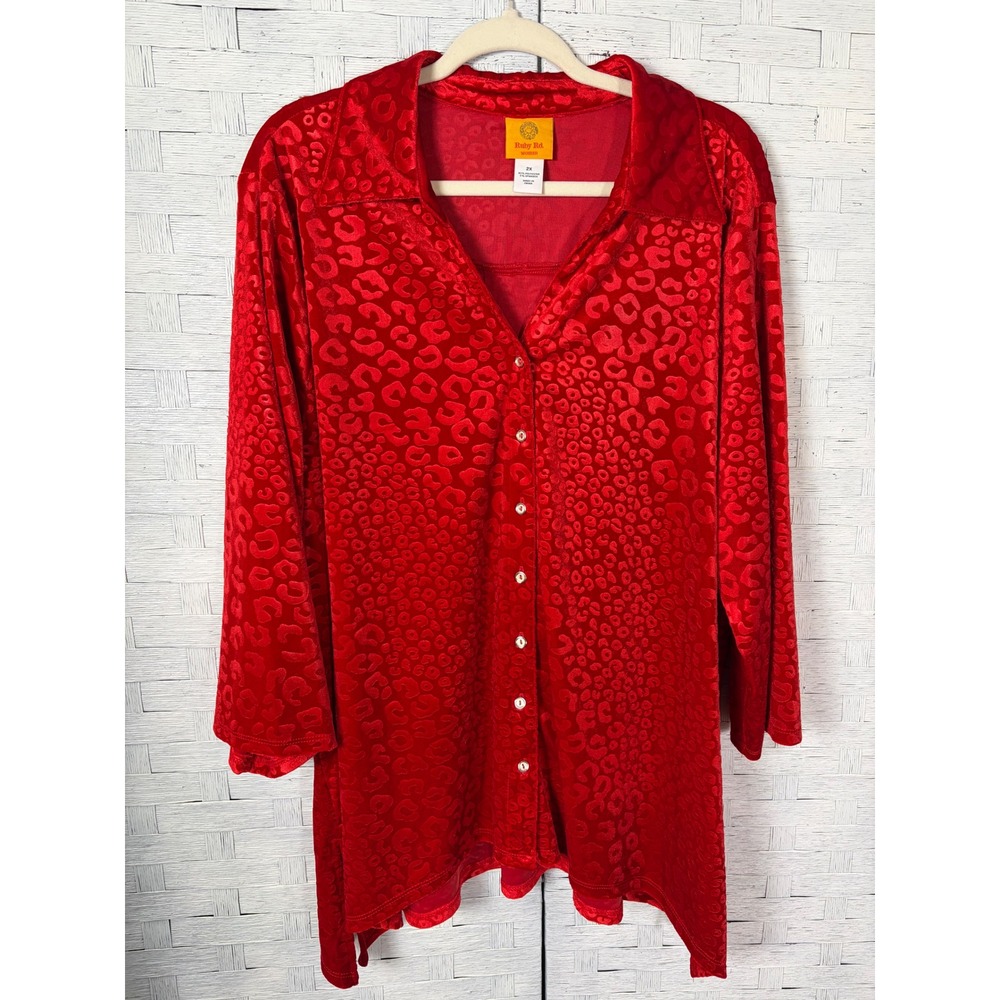 Ruby Rd Woman Blouse Red Velvet Leopard Print Button Front Blouse Plus Size